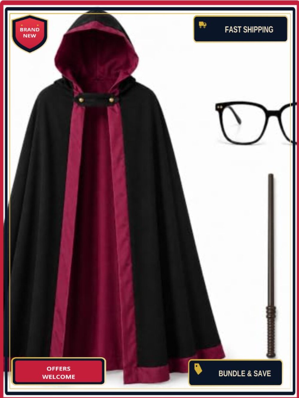 Wizard Costume Hooded Robe Cloak Wand Set for Adults Teens Cosplay